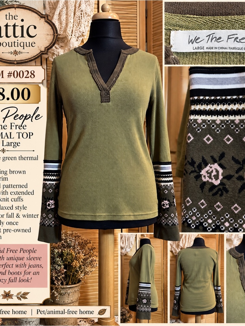 We The Free Olive Green V-Neck Thermal Top with Patterned Sleeve Cuffs